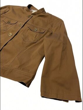 Cropped Espresso Twill Shaket or Utility Coat Mandarin Collar Metal Buttons